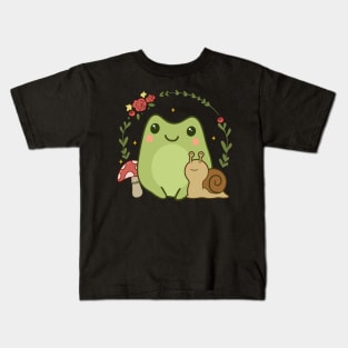 Cute Kawaii Frog Snail Mushroom Cottagecore Aesthetic Kids T-Shirt